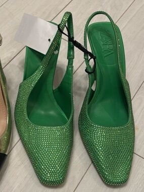 Zara Green Crystal Slingback Mules